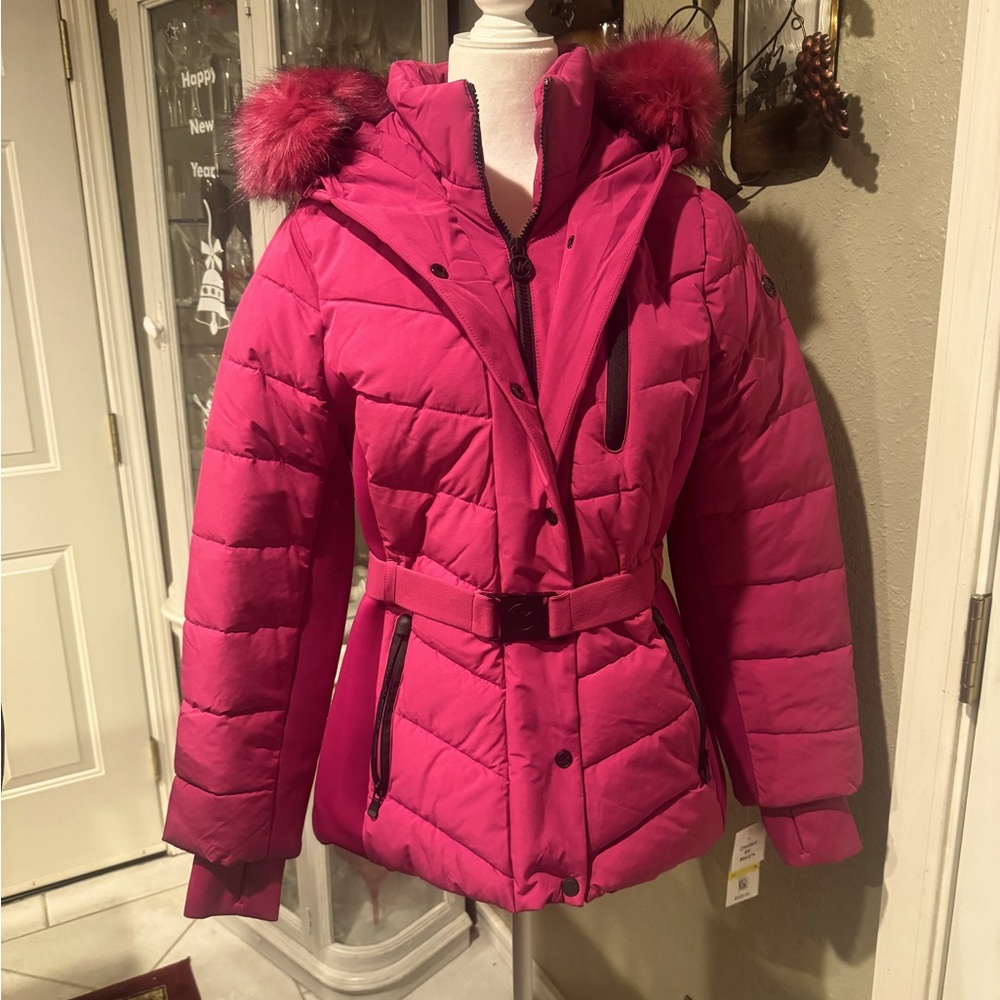 Women’s belted, faux, fur, trim, hooded, puffer coat.
